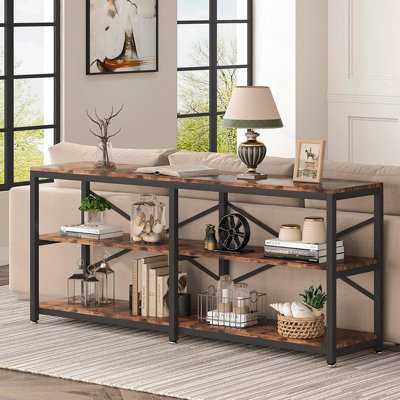 Console très longue de 70,9 po avec tablettes de rangement, canapé industriel à 3 niveaux derrière le canapé, table d'entrée moderne avec structure en X en métal, bibliothèque de couloir étroite pour le salon, brun rustique