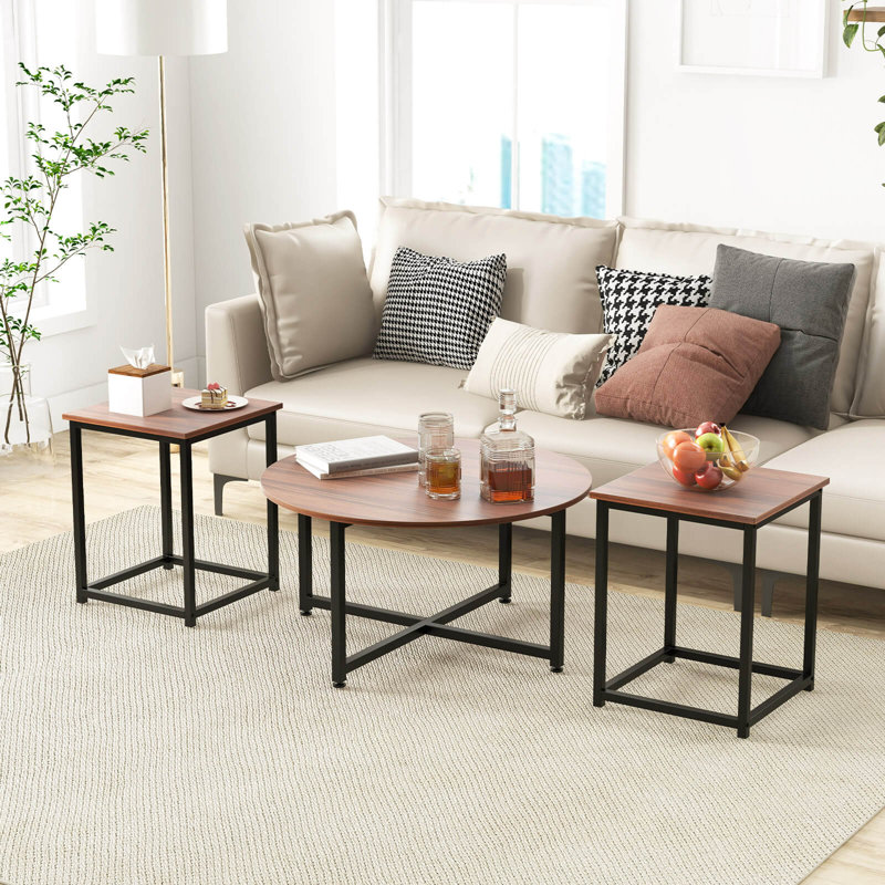 Walnut and Black 3-Piece Modern Nesting Coffee Table Set