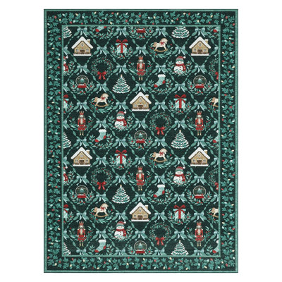 Tapis de Noël lavable à la machine – Motifs vintage de Noël avec casse-noisette, bonhomme de neige, sapin et chalet, envers antidérapant, tapis à poils courts