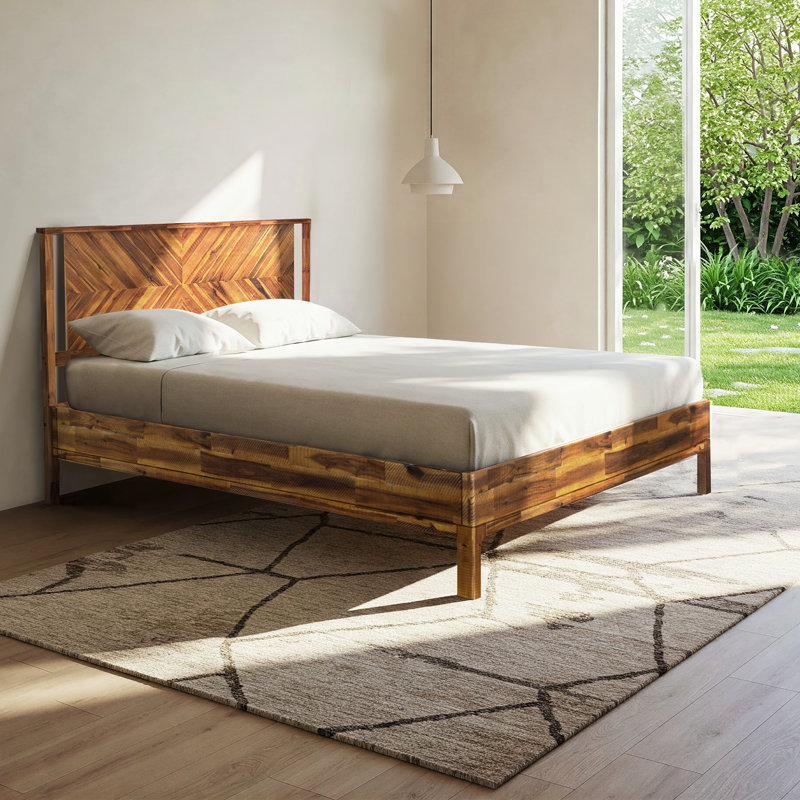 Vivian DELUXE Platform Bed Frame with Headboard – Acacia Wood, Queen, Rustic Chestnut