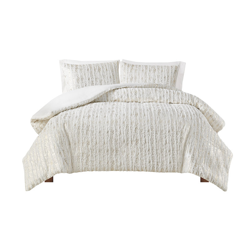 Literie Mariany, Housse de couette double / grand + 2 taies décora, Blanc / doré