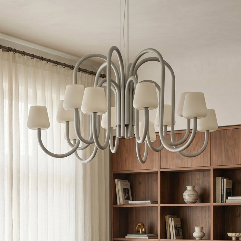 41.93" French Cream-Style Aluminum Curved Pendant Light – Creative Loop Tube Design with Milky White Glass Shade for Living Room Dining Room