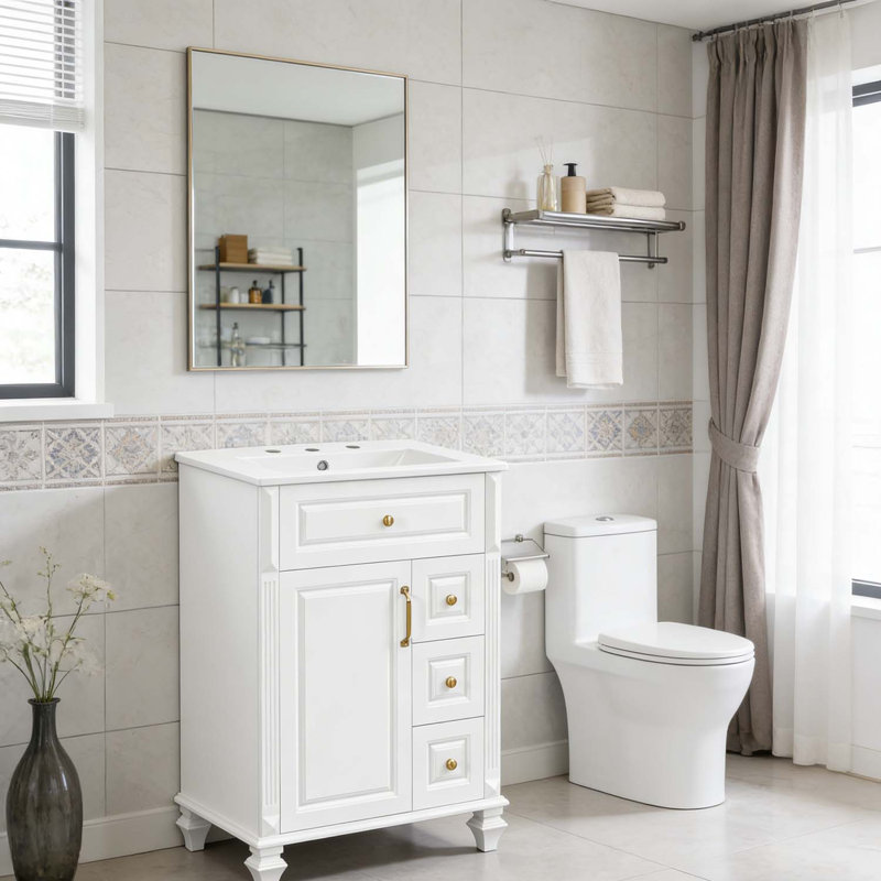 Freestanding Bathroom Vanity with Ceramic Sink, White