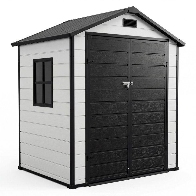 Abri de jardin en résine plastique de 1,8 x 1,2 m avec plancher, porte verrouillable et panneau vitré, Blanc grisâtre + noir