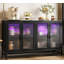 Buffet avec rangement et lumières à DEL, grande armoire en bois de 55 po avec 4 portes en verre cannelé-106644777