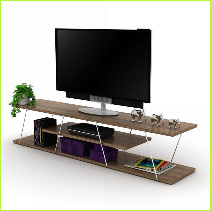 TV Furniture Mid Century Modern 56” TV Stand – 4 Open Shelves, Metal Cord Management, Walnut/Chrome | Walnut | TV Size Ranges