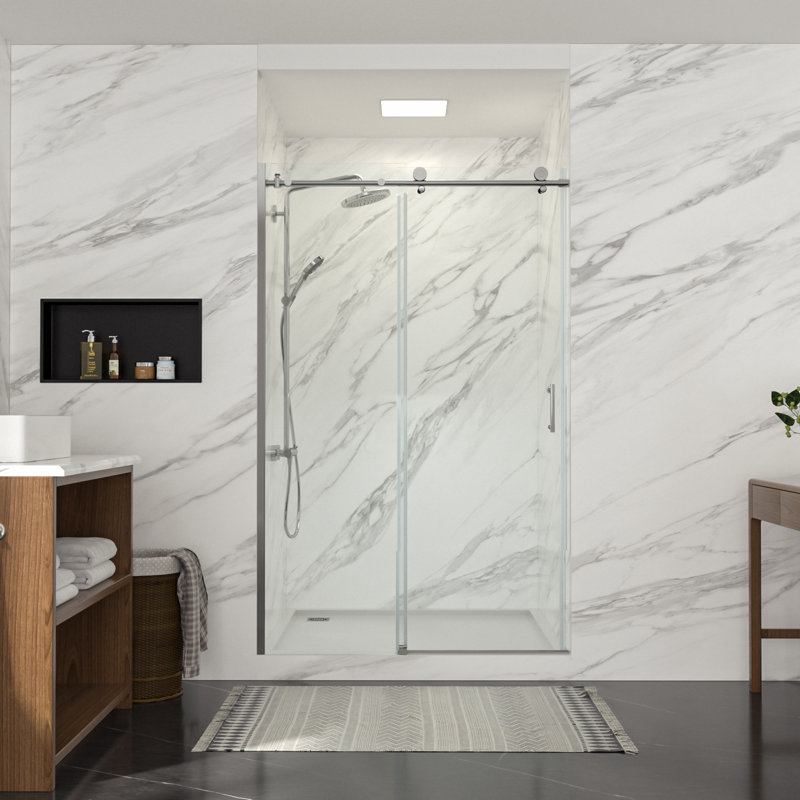 48" W x 76" H Frameless Double Sliding Shower Door with Tempered Glass