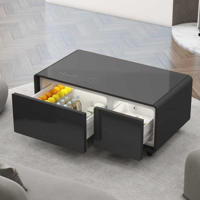 Modern Smart Coffee Table With Built-In Fridge, Bluetooth Speaker, Wireless Charging, Touch Control Panel, USB Interface, Outlet Protection, Atmosphere