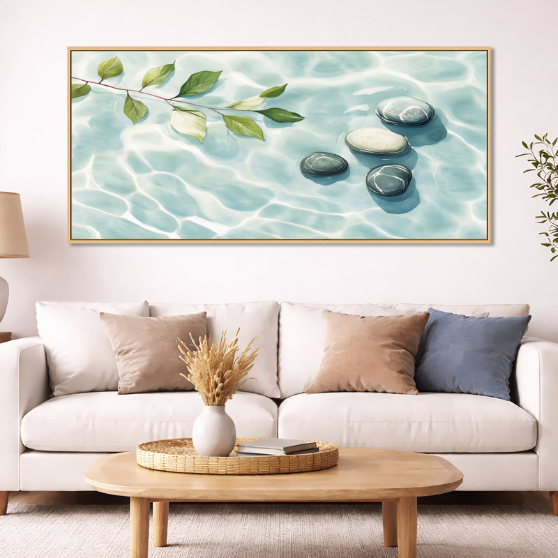 Art mural en pierre zen, toile de nature minimaliste, pierres et feuilles sur l'eau, H 28 po x l 60 po