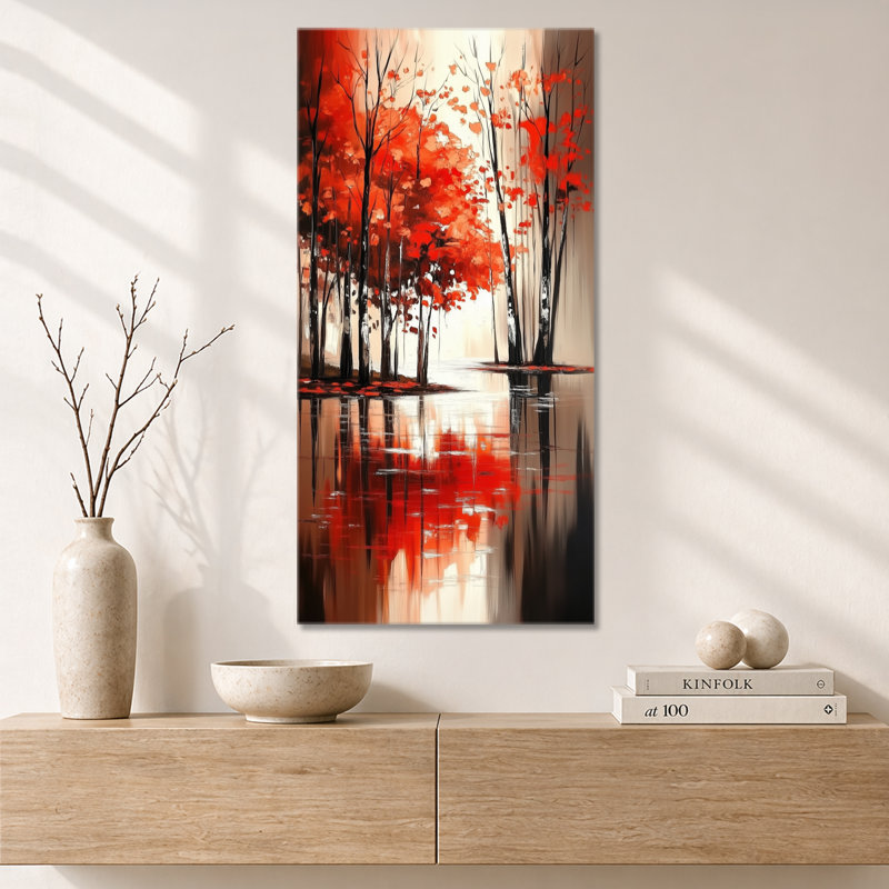 Décoration rouge rouge noir Saffo IV - Moody rouge, impressions encadrées nature, H 60 po x l 28 po, Cadre flottant brun