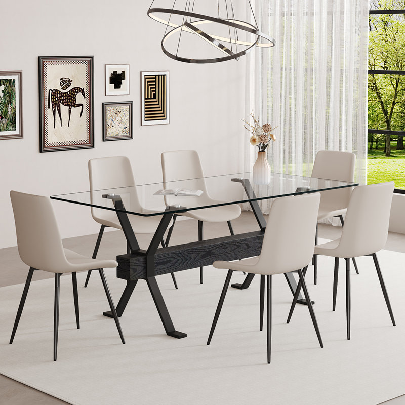 Ensemble de table de salle à manger 6 personnes, table de salle à manger en verre trempé et chaises confortables pour la cuisine ou la salle à manger