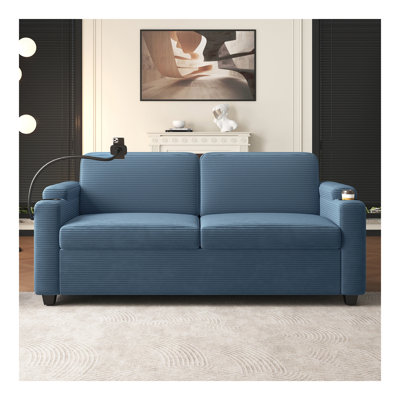 72.8" Corduroy Sleeper Sofa Loveseat Sofa With Full Size Mattress, Two USB Ports, Two Cup Holders, Two Side Pockets And A Phone Holder For Living Room