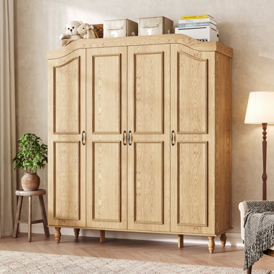 71'' H Farmhouse Armoire Wardrobe, 4-Door Wood Bedroom Armoire with Shelves & Hanging Rods