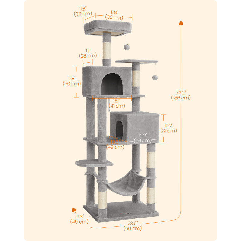 Feandrea Cat Tree, 191 cm Cat Tower for Indoor Cats, Plush Multi-Level Cat Condo with 5 Scratching Posts, 2 Caves, Hammock, 2 Pompoms, Light Grey
