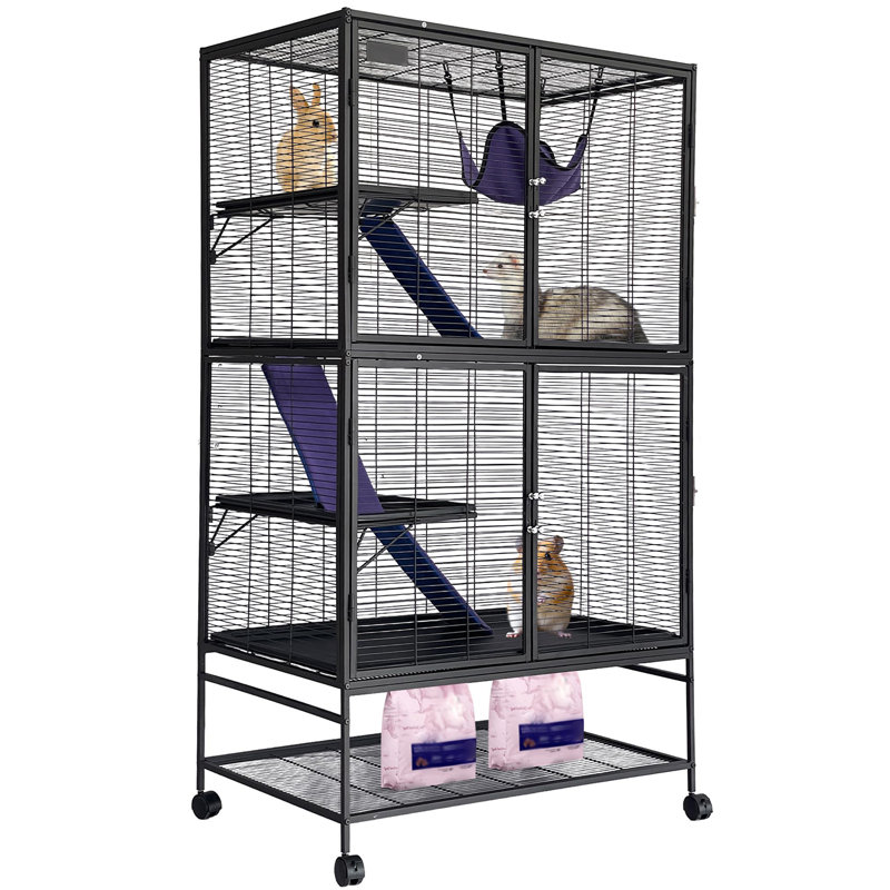 Cage multi-niveaux pour petits animaux avec plateau amovible, rampes et portes verrouillables, abri en métal avec roues pour furets, lapins, cochons d'Inde, hamsters et chinchillas