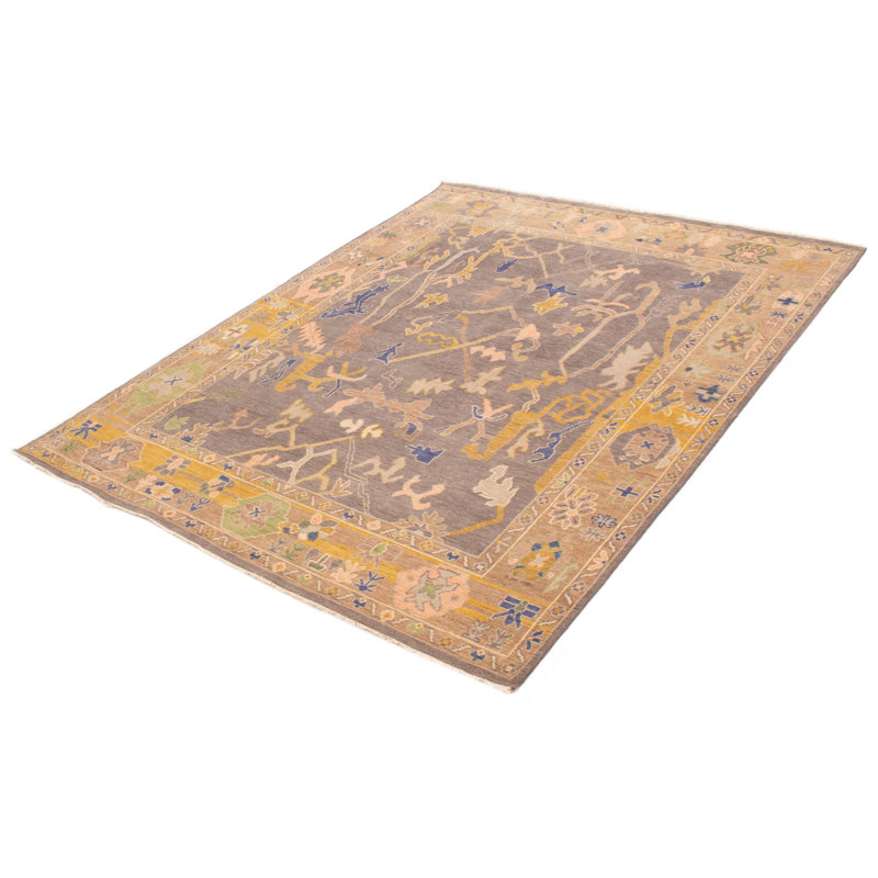 Tapis gris foncé moderne en laine noué à la main 7 pi 10 po x 9 pi 9 po Oushak