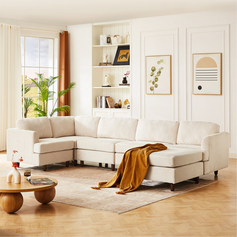Canapé modulaire moderne, canapé convertible 6 places, Velours côtelé beige