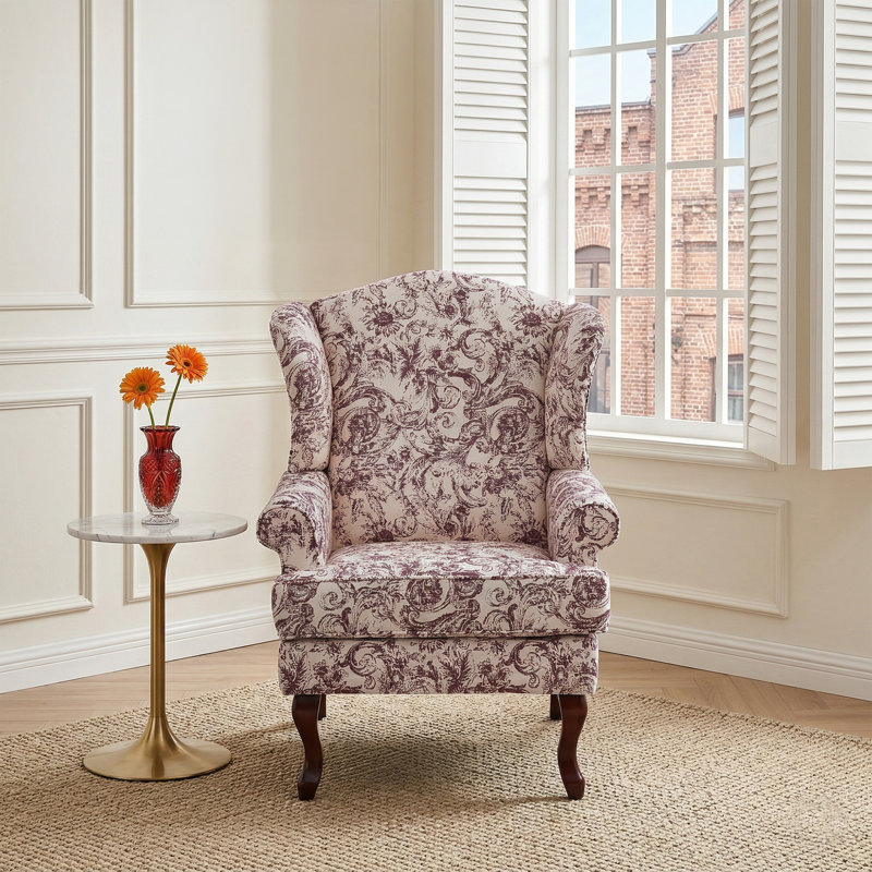 Fauteuil à oreilles rembourré avec accoudoirs roulés et pieds en bois massif, Chenille prune
