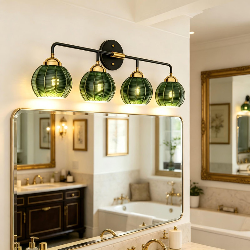 Éclairage pour salle de bain 32 lumières en verre nervuré vert 32 pouces, Quatre lumières, H 9,8 po x l 32 po x P 4 po