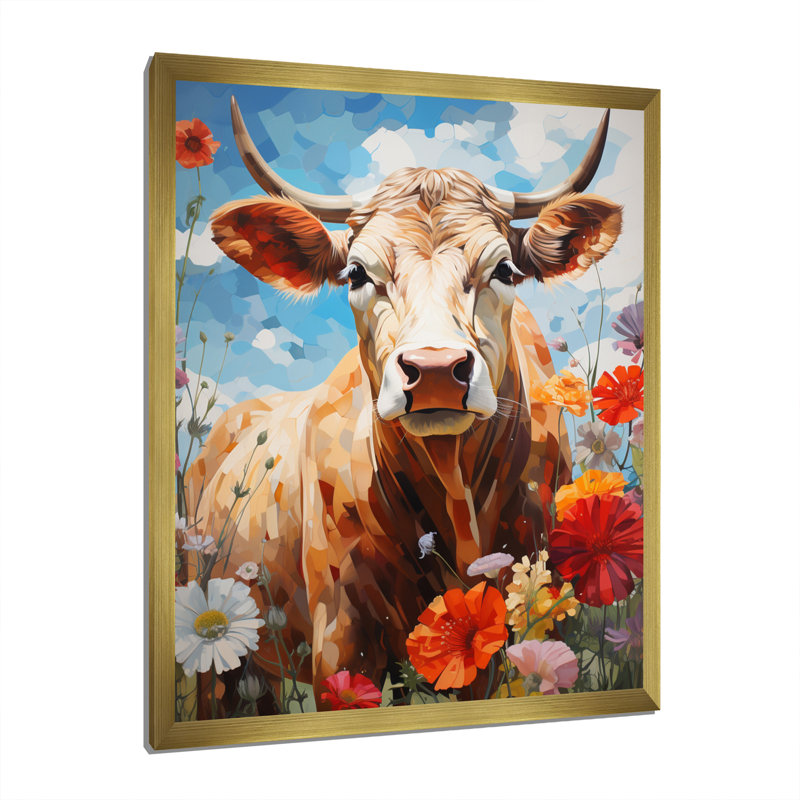 «Mahadeo Cow Floral Grazing I», reproduction d'art sur toile, Encadrement doré, H 32 po x l 24 po x P 1 po