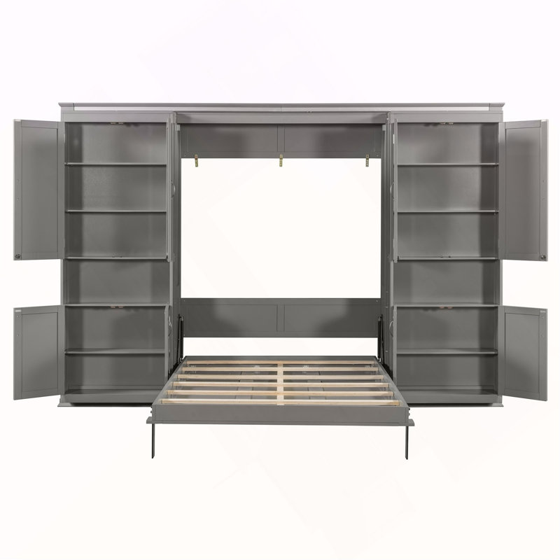 Lit escamotable double avec armoires de rangement coulissantes doubles, conception de lit mural caché, deux tablettes latérales à 6 niveaux, système de lit mural à grande capacité pour les maisons modernes et les pièces multifonctionnelles - gris