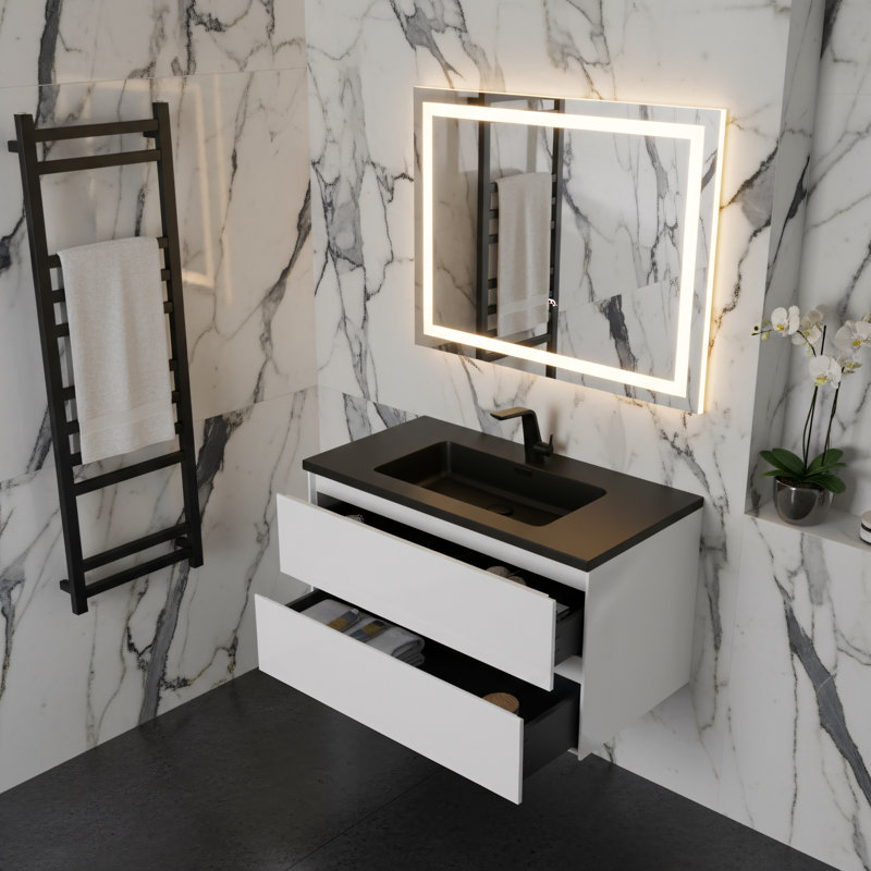 Ensemble de meuble-lavabo mural simple 36 po avec comptoir en quartz noir Damron