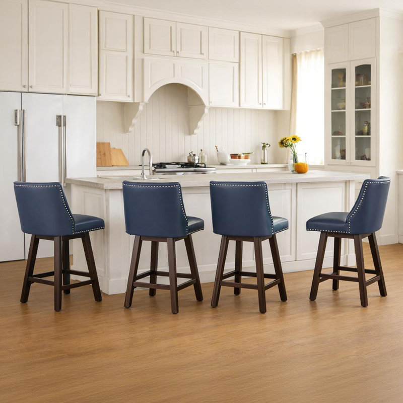 26" Swivel Counter Bar Stools, Counter barstools with Wood Frames, Dark Blue, Blue, 1