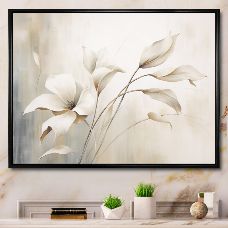 Élégance botanique blanche III - Botanique abstraite, art mural, Cadre flottant noir, H 30 po x l 40 po x P 1,5 po