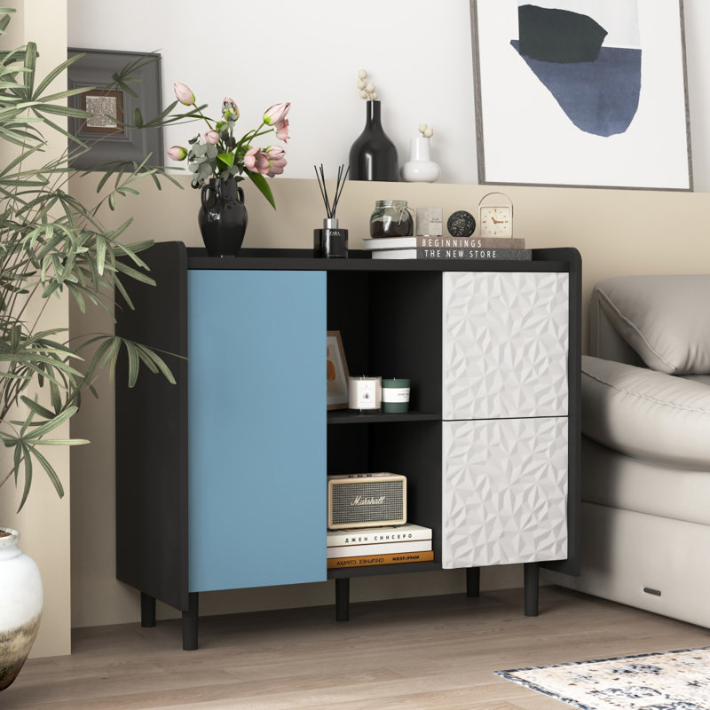 Sideboard Buffet Cabinet, Black Storage Cabinet with Red Doors , 2 Drawers with unique panel styling and 2 Open Storage Compartment, Modern Coffee Bar Cabinet Accent Cabinet for Kitchen, Dining Room