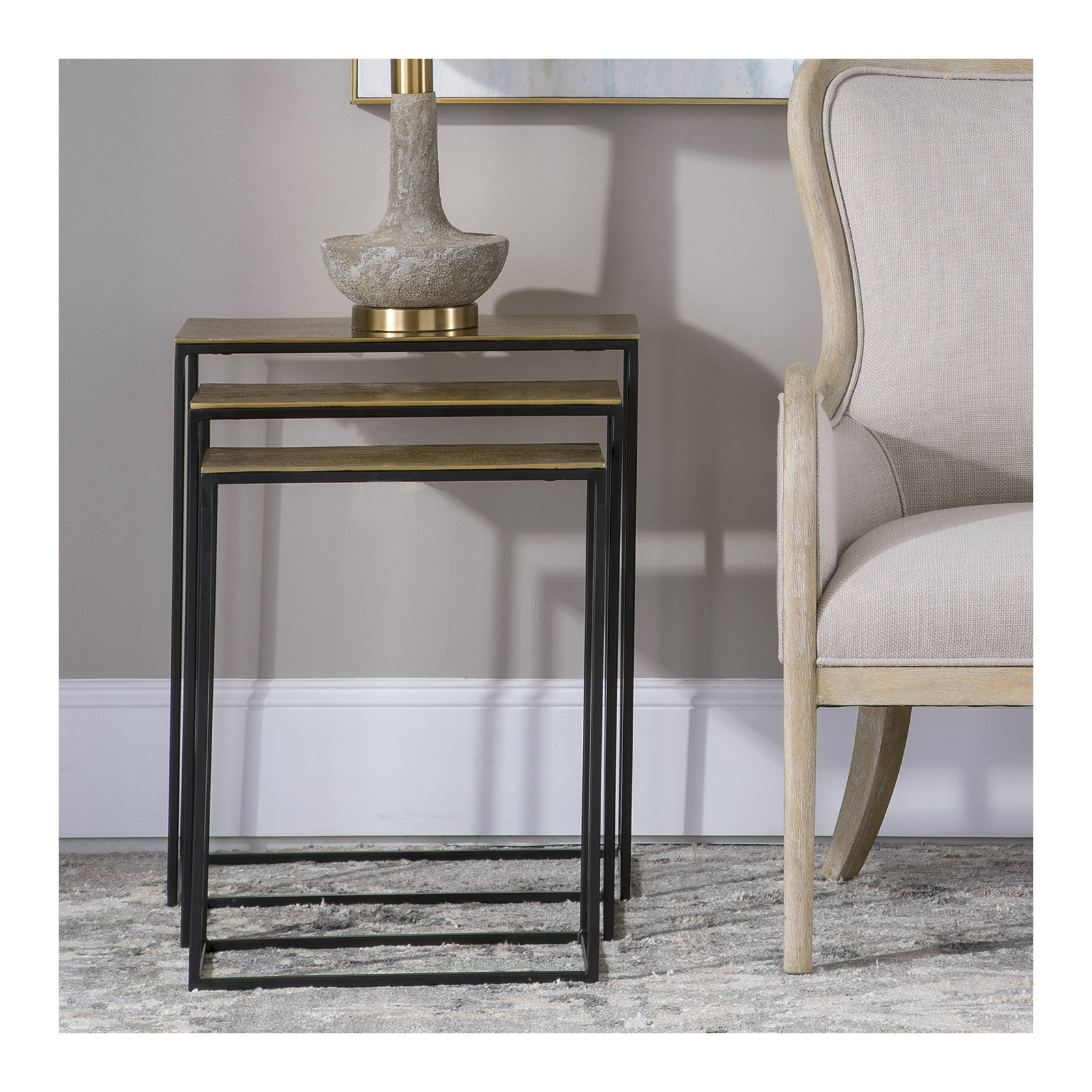 Addie Metal Frame Nesting Tables End Table, Gold Top/Black Base