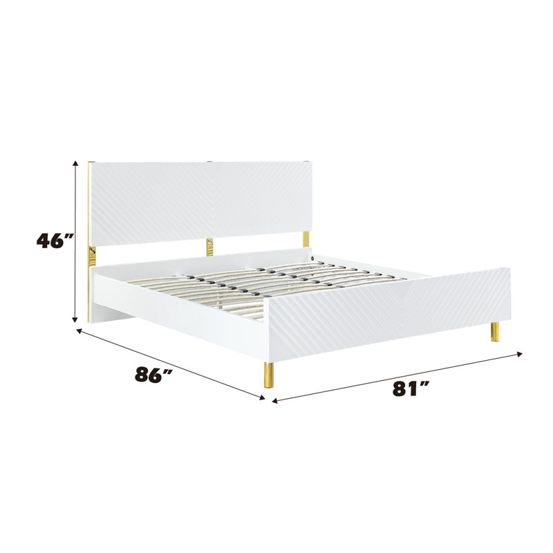 Lit Ek en métal blanc ultrabrillant - sans sommier, entièrement en kd, motif ondulé, 39 lattes, 4 pieds de soutien, capacité de 660 lb pour supporter le poids et finition en bois synthétique, structure en kd, charge maximale