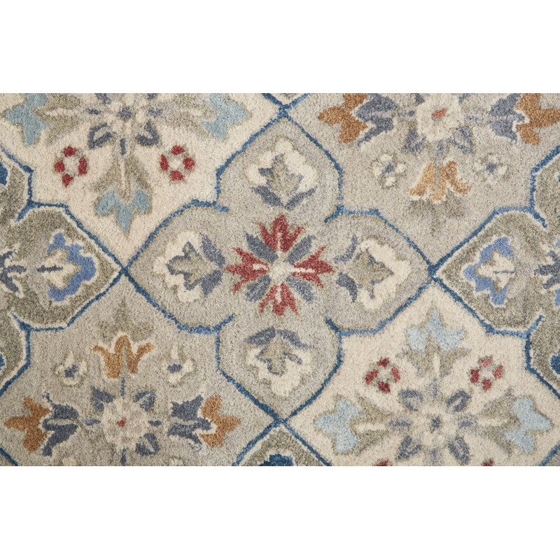 Atlandida Oriental Handmade Tufted Cotton/Wool Fog Gray/Blue/Red Area Rug, Rectangle 8' x 10'