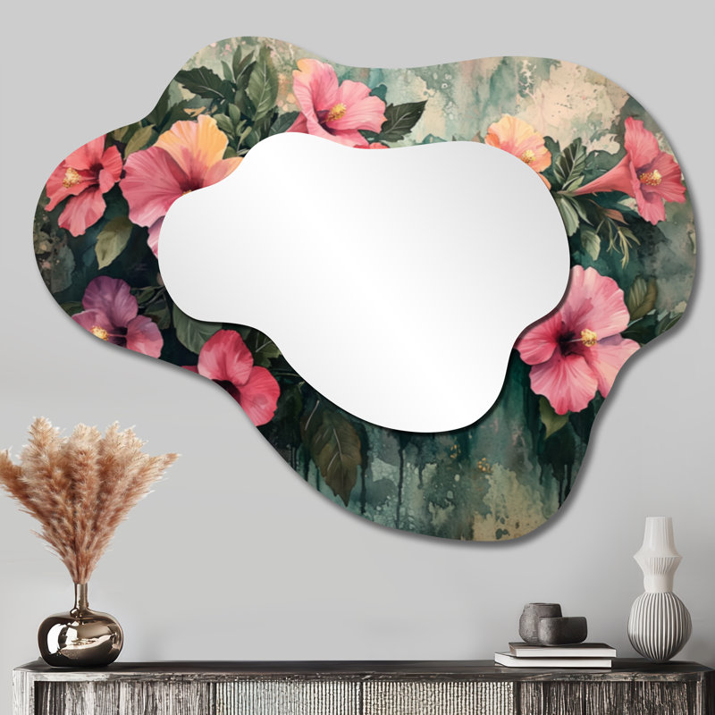 Hibiscus Flowers In Tropical Harmony I - Hibiscus Cloud Decorative Wall Mirror, Traditional Vanity Mirror, Printed on Metal