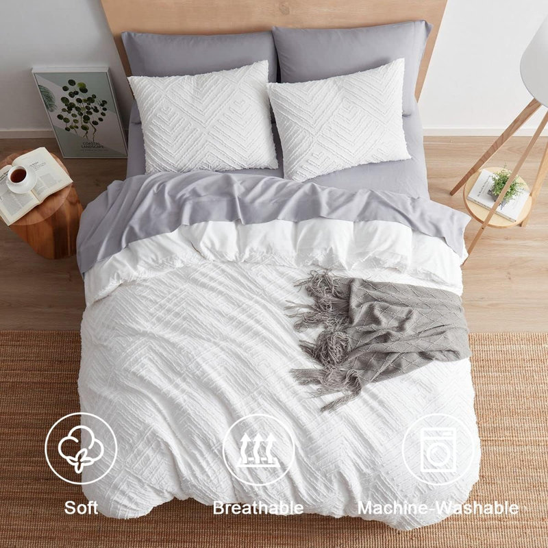Soft All-Season Duvet Cover Set with Comforter Insert and Shams, White, Queen