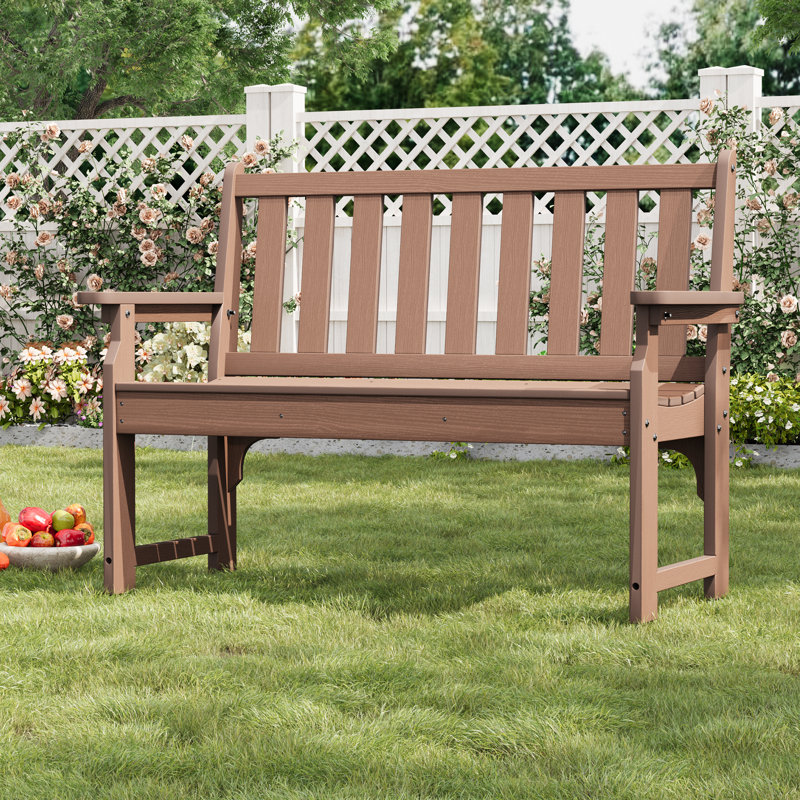 Banc d'extérieur en polyéthylène robuste pour 2 à 800 lb - Siège de jardin et de patio durable et résistant aux intempéries - Mobilier de cour robuste - Couleur teck