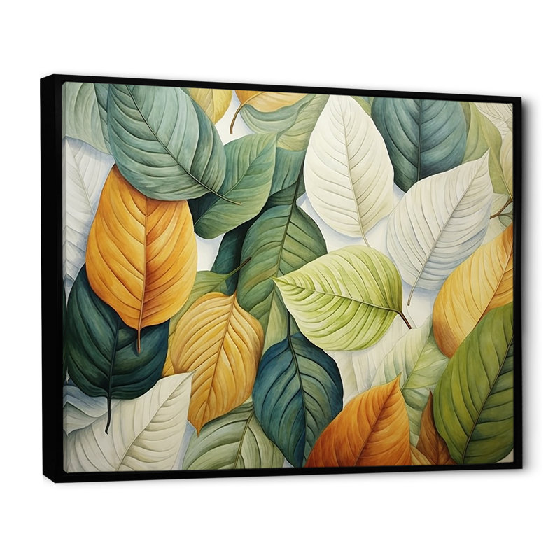 Feuilles vertes et jaunes Tranquility II - feuilles, art mural, H 16 po x l 32 po x P 1 po, Cadre flottant noir