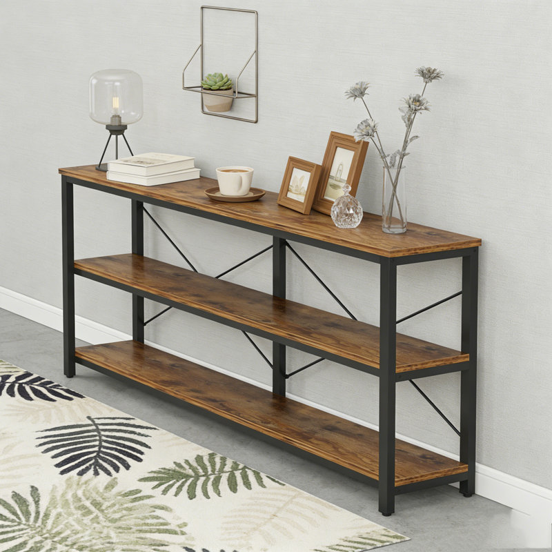 3-Tier Console Table Sofa Table with Metal Frame, 35.43" H x 70.87" W x 11.81" D, Black/Brown