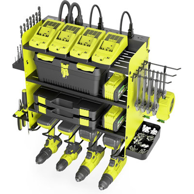 Power Tool Organizer With Charging Station - 4 Tier Wall Mount Rack, Metal Drill Holder And Tool Storage