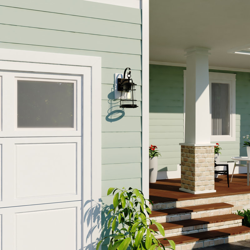 Alerk 15 in. H 1-Light Textured Black Dusk to Dawn Sensor Coastal Outdoor Wall Sconce, Durable Steel, Clear Glass Shade, LED Compatible for Exterior Porch Patio Front Door or Garage