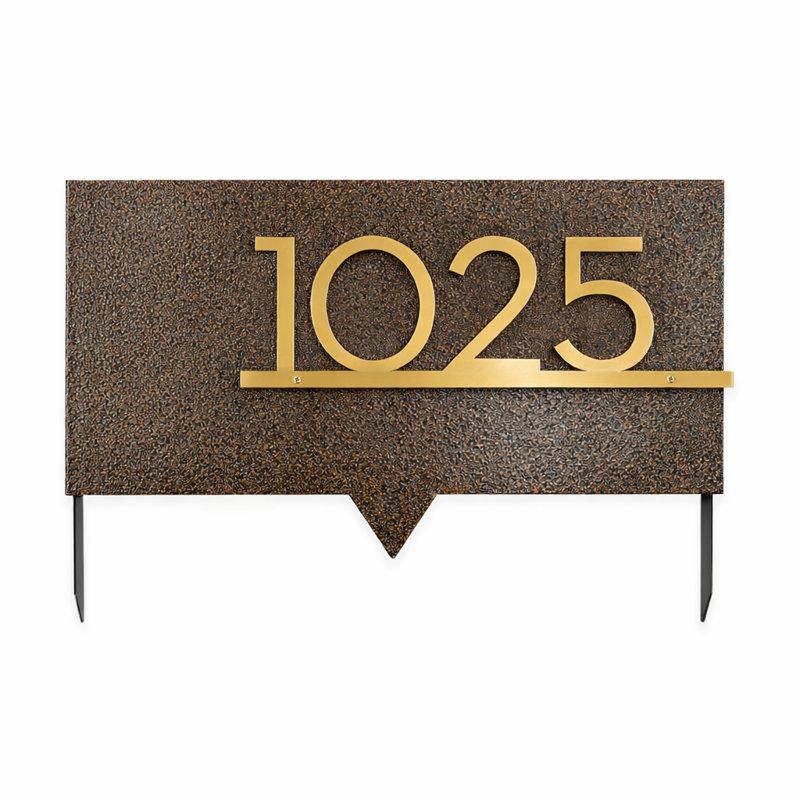 Enseigne de cour d'adresse numérique en acier 6 "(1 ligne) - Bronze martelé / or, Doré, Bronze martelé