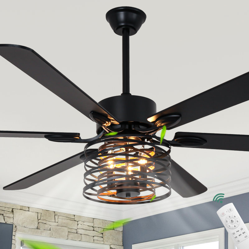 65 Inch Farmhouse Black Caged Ceiling Fan with Light, Rustic Reversible DC Motor Large Ceiling Fan For Living Room