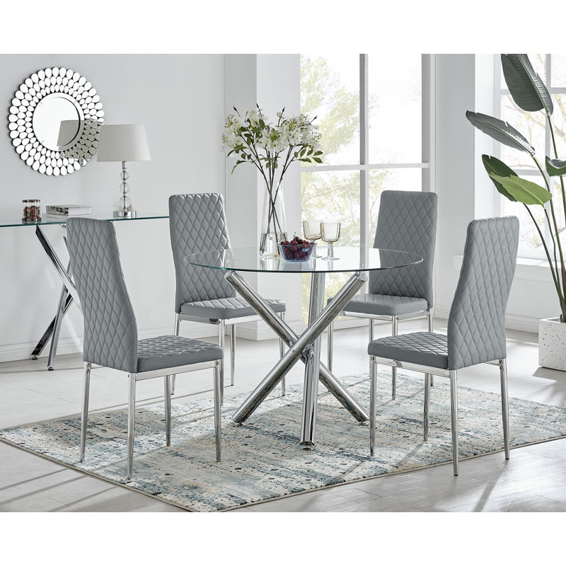 Eubanks Modern Round Dining Table Set in Glass and Chrome with 4 Luxury Faux Leather Chairs, Grey