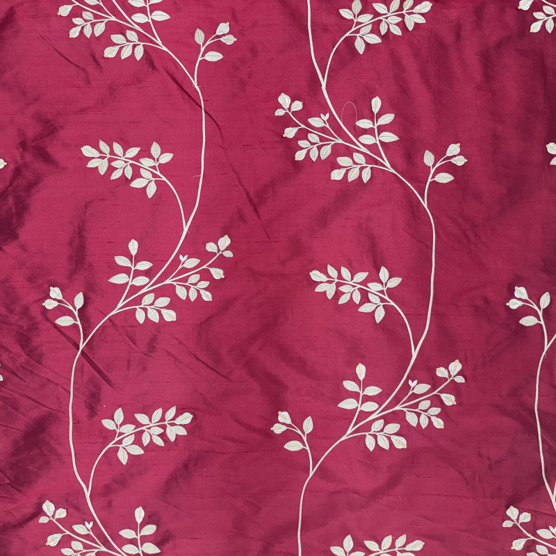 Dessler Fabric | Floral Embroidered Stripe Silk Fabric | Drapery & Curtain Fabric, Red