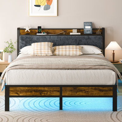 Queen Upholstered Bed Frame With LED Lights & Storage Headboard, Metal Platform Bed with Charging Station, No Box Spring Needed