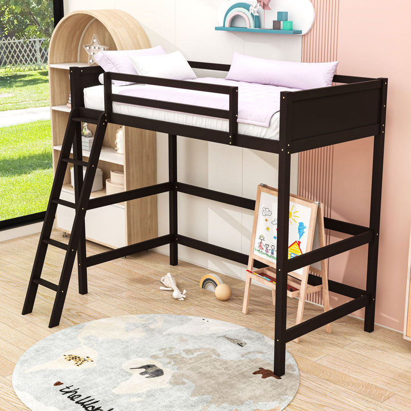 Twin Size Loft Bed with Ladder and Guardrails, Espresso