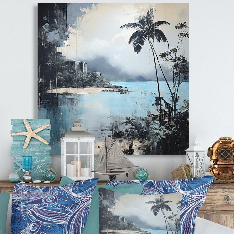 Impression sur toile de palmiers tropicaux tropicaux bleu et gris I - Nautique et plage, Toile tendue