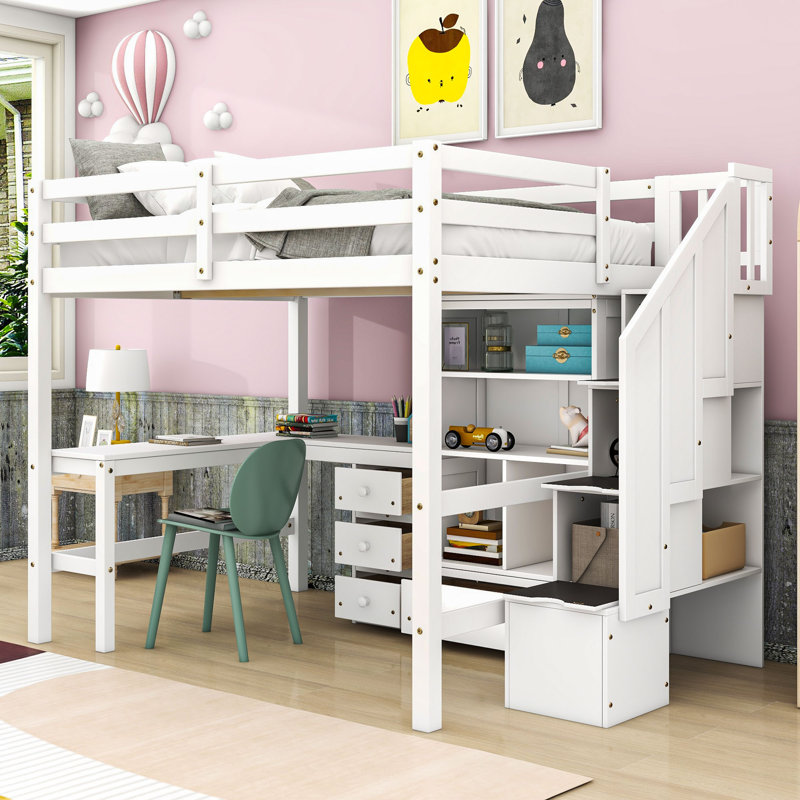 Full Wood Loft Bed With L-Shaped Desk, Storage Drawers And Stairs, White