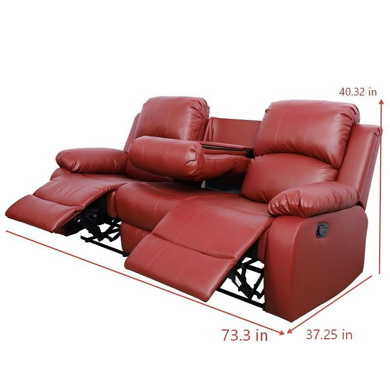 Causeuse inclinable rouge électrique, canapé double inclinable respirant en similicuir avec seau de rangement et porte-gobelets