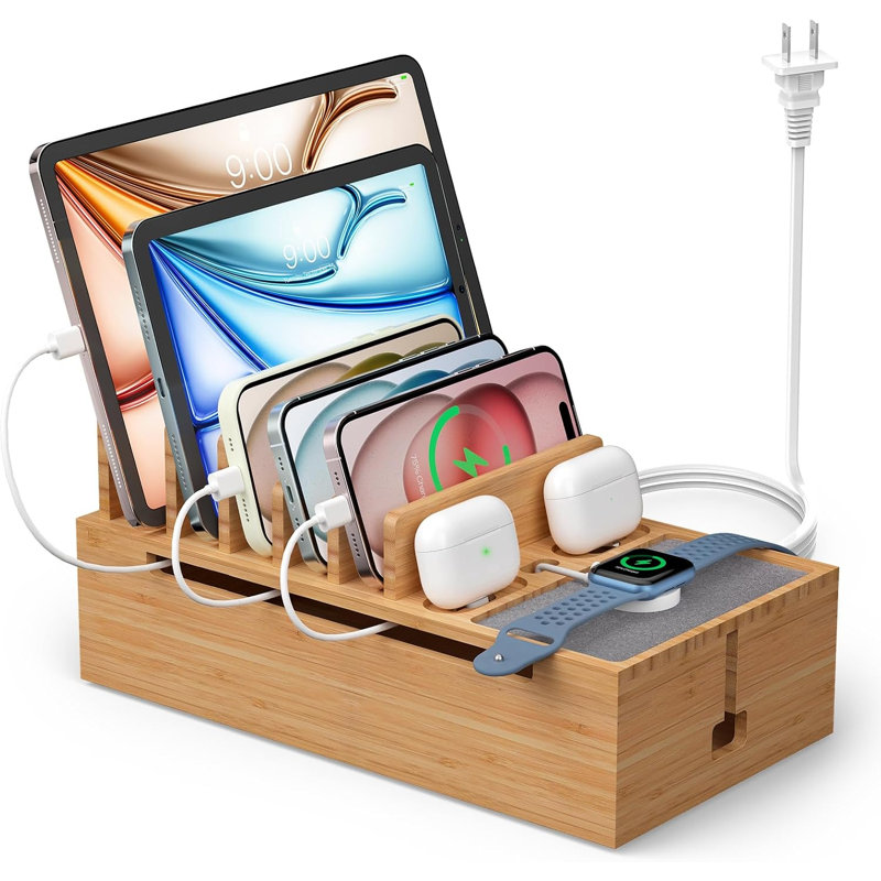 Station de recharge en bambou pour appareils électroniques, organiseur de charge pour téléphones et tablettes, montres connectées, écouteurs, multiprise (chargeur USB à 5 ports et 6 câbles inclus), naturel
