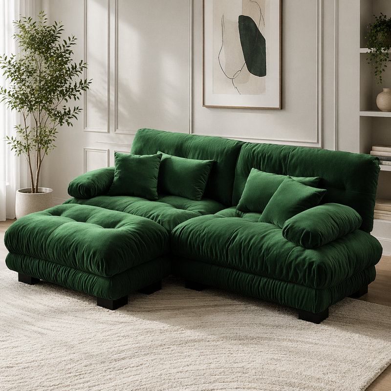 Canapé Cloud, canapé en chenille, Vert + 2 sièges + 1 fauteuil
